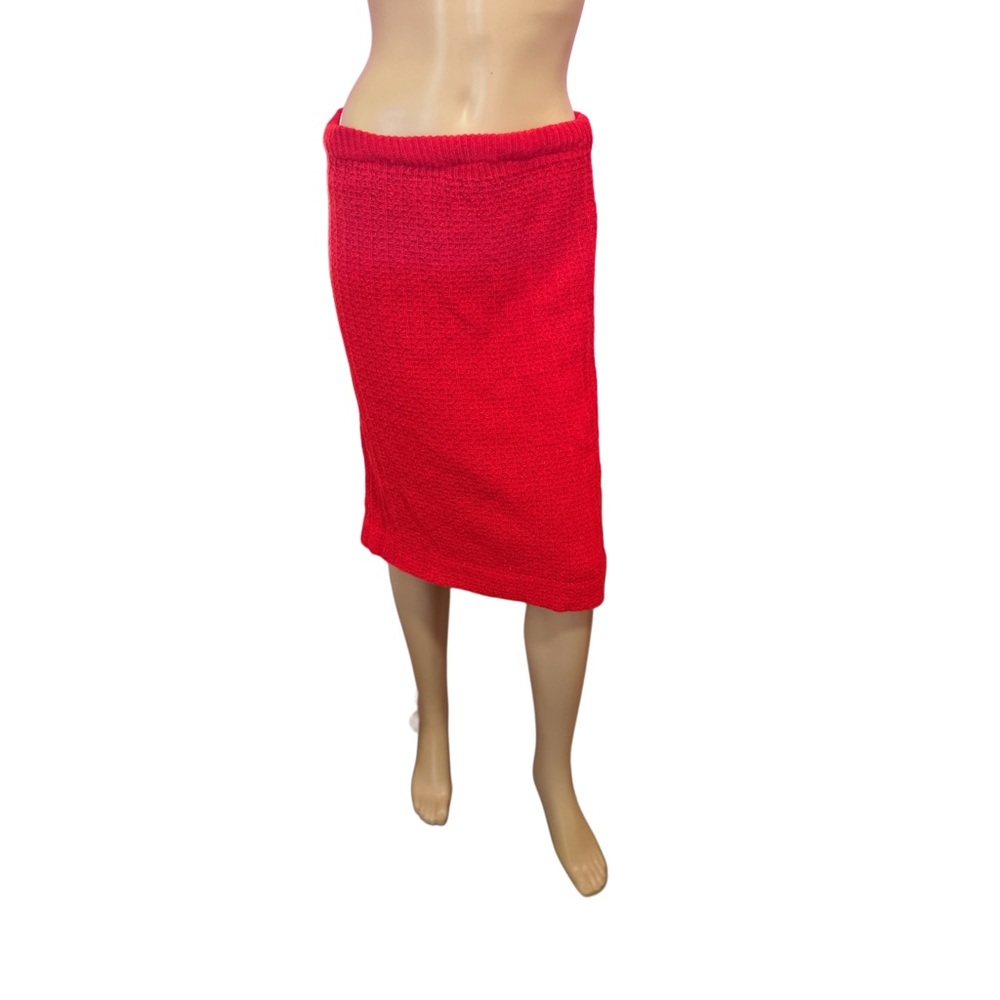 red-orange knit midi skirt